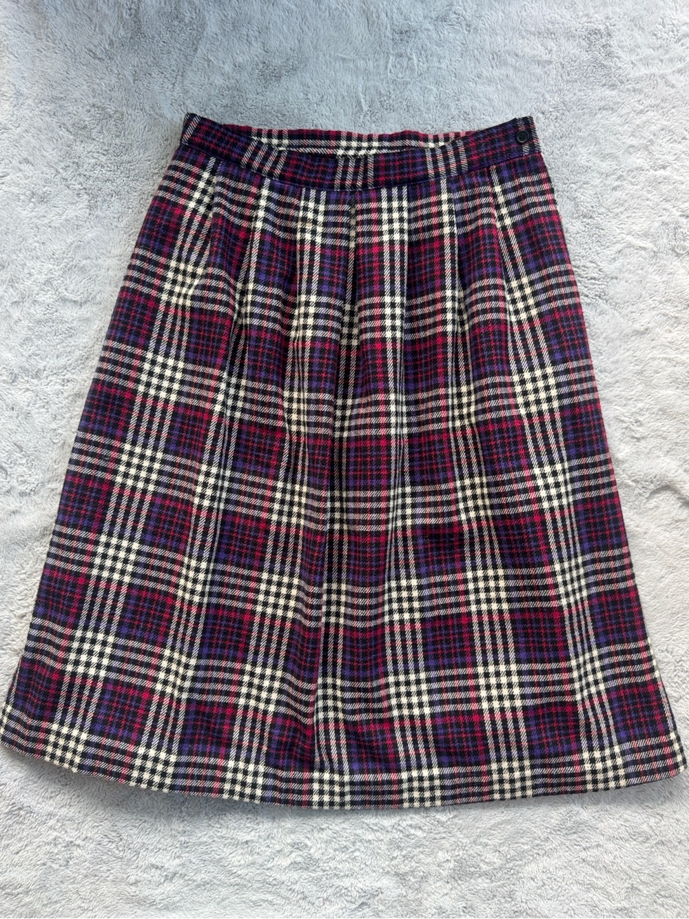 Vintage Leslie Fay Plaid Wool Blend Pleated Midi Skirt Pink Purple 18